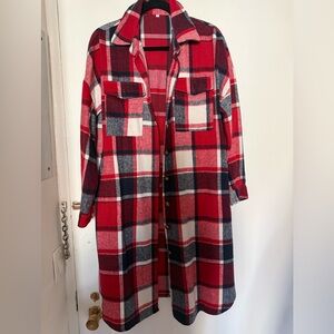 Red and navy blue Plaid Long Shirt Jacket